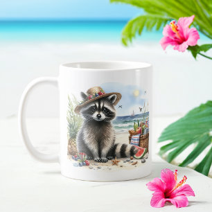 Summer Watercolor Racoon on the beach Coffee Mug