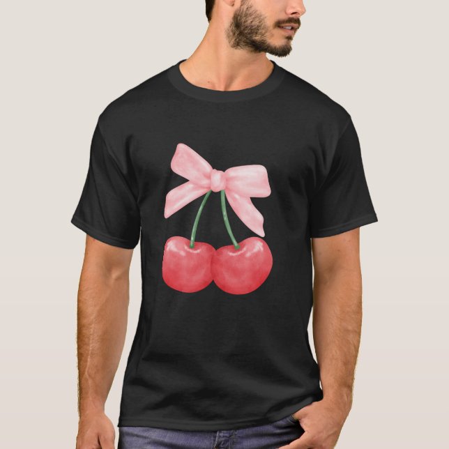 Summer Watercolor Red Cherries Coquette With Pink  T-Shirt (Front)