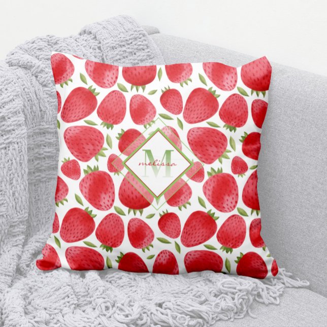 Summer Watercolor Strawberry Monogram Pillow 🍓 (Modern Strawberries Pattern Pillow with Ombre Monogram)