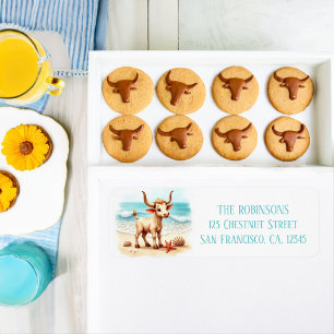 Summer Watercolor Texas Longhorn Calf Sea Starfish Return Address Label