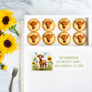 Summer Watercolor Texas Longhorn Calf Sunflower Return Address Label