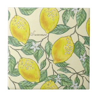 Summer Watercolor Vintage Lemons Pattern Ceramic Tile