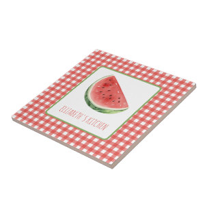 Summer Watermelon and Red Gingham Plaid Ceramic Tile