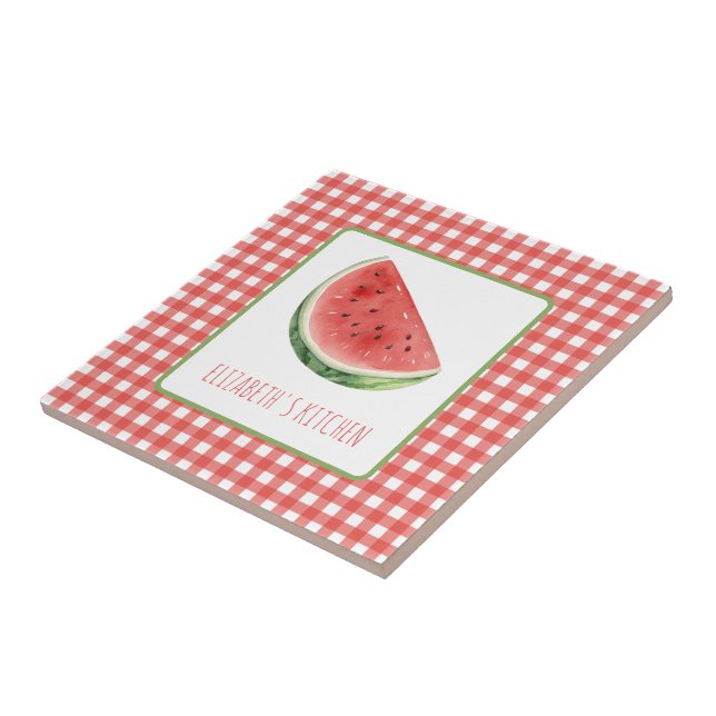 Summer Watermelon and Red Gingham Plaid Ceramic Tile (Side)