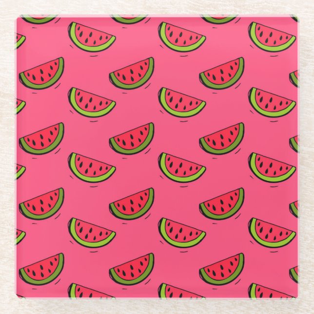 Summer Watermelon on Pink Pattern Glass Coaster (Front)