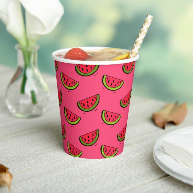 Summer Watermelon on Pink Pattern Paper Cups (Insitu)