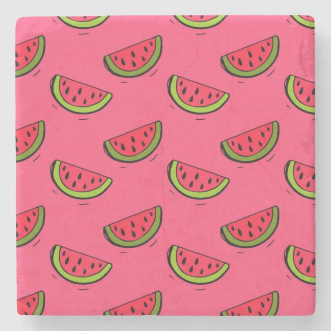 Summer Watermelon on Pink Pattern Stone Coaster (Front)