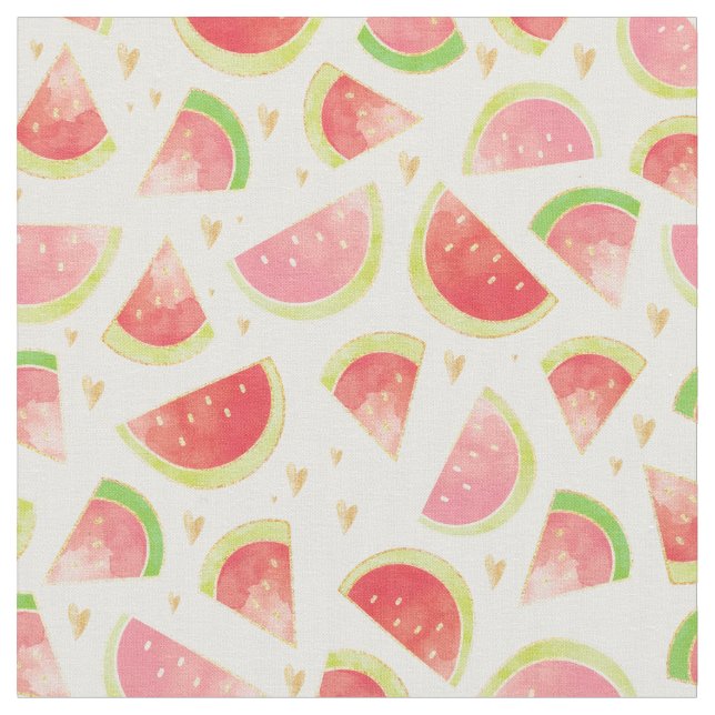 Summer Watermelon Slices & Gold Heart Pattern Fabric (Close Up)