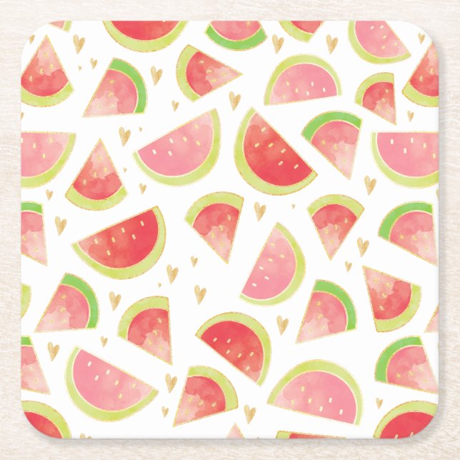 Summer Watermelon Slices & Gold Heart Pattern Square Paper Coaster (Front)