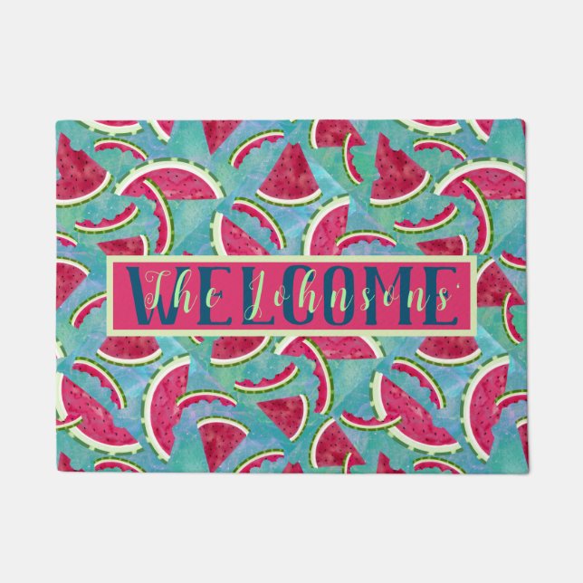 Summer Watermelon Watercolor Custom Welcome Doormat (Front)
