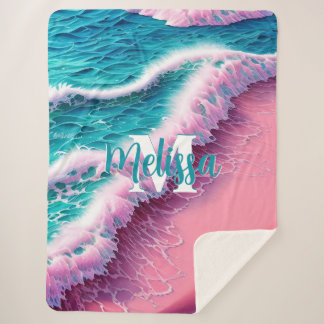 Summer Waves in Pink II Monogram Sherpa Blanket