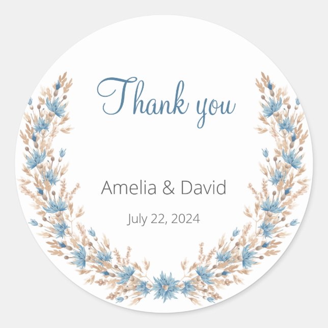 Summer Wedding Blue Wildflower Grass Wreath Classic Round Sticker (Front)