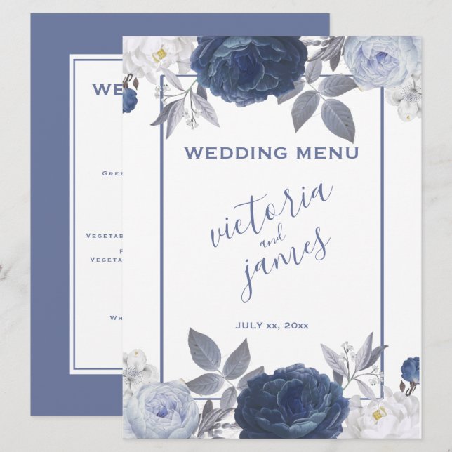 Summer Wedding Bright Blue Floral Reception Menu (Front/Back)