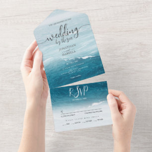 Summer wedding by the blue wavy sea ombre ocean all in one invitation