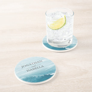 Summer wedding by the blue wavy sea ombre ocean coaster