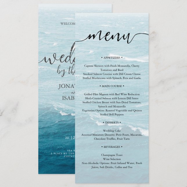 Summer wedding by the blue wavy sea ombre ocean menu (Front/Back)