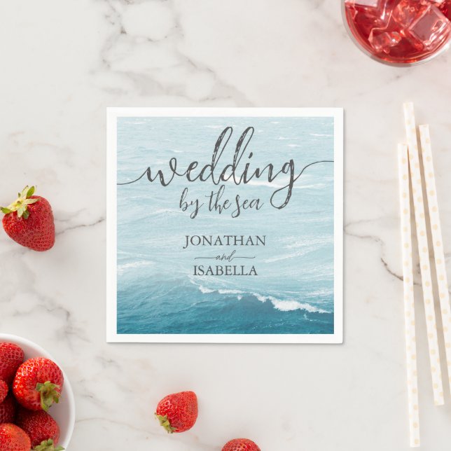 Summer wedding by the blue wavy sea ombre ocean napkin (Insitu)