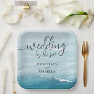 Summer wedding by the blue wavy sea ombre ocean paper plate