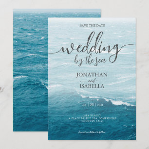 Summer wedding by the blue wavy sea ombre ocean save the date