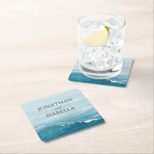 Summer wedding by the blue wavy sea ombre ocean square paper coaster