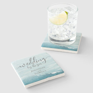 Summer wedding by the blue wavy sea ombre ocean stone coaster