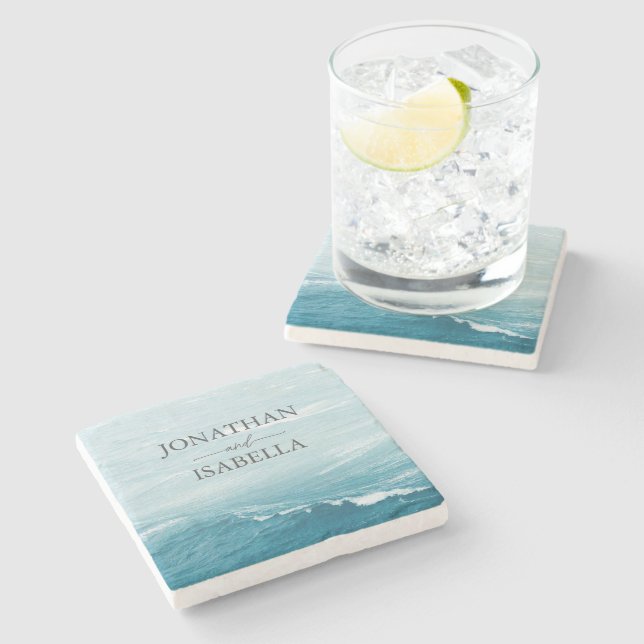 Summer wedding by the blue wavy sea ombre ocean stone coaster (Side)