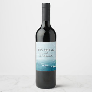 Summer wedding by the blue wavy sea ombre ocean wine label