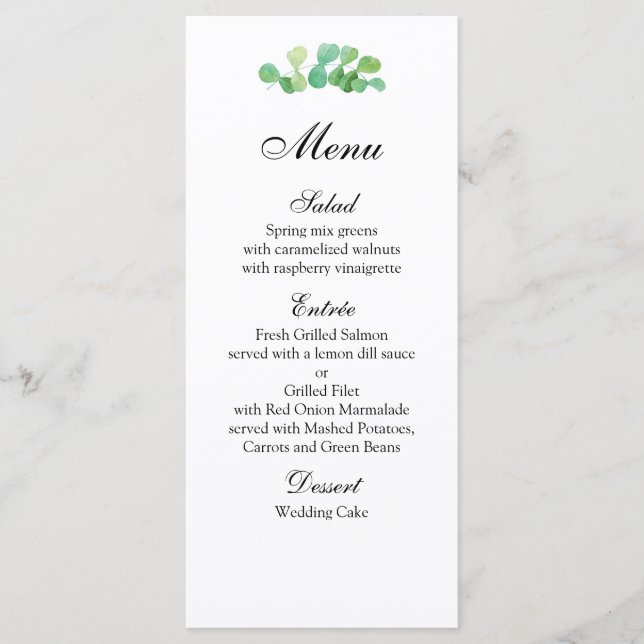 Summer wedding menu botanical. Green dinner menu (Front)