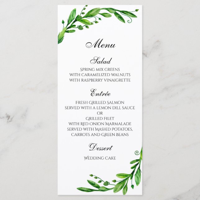 Summer wedding menu outdoor. Green dinner menu (Front)