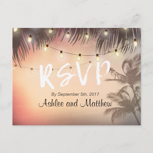 Summer Wedding String Lights Palm Tree RSVP Reply Invitation Postcard (Front)