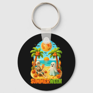 Summer-ween Skeleton Ghost Beach Palm Halloween Key Ring