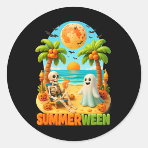 Summer-ween Skeleton Ghost Beach Palm Halloween Su Classic Round Sticker