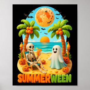 Summer-ween Skeleton Ghost Beach Palm Halloween Su Poster