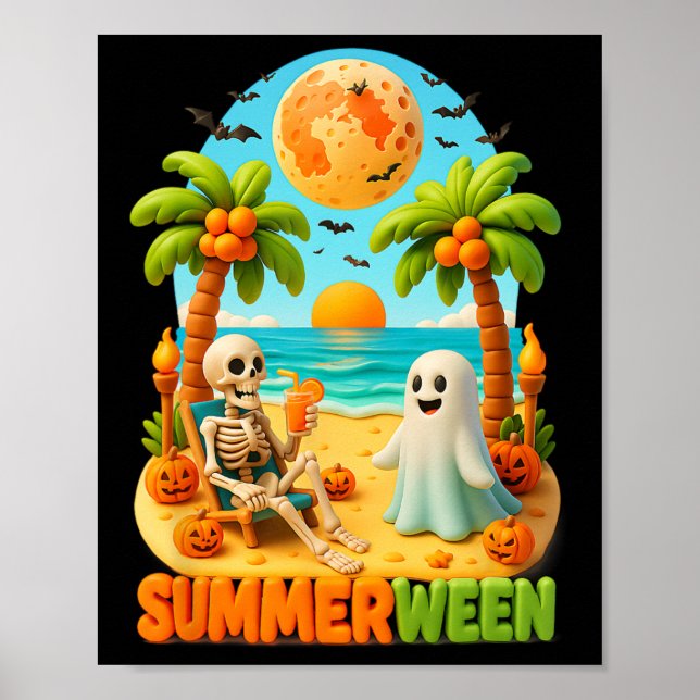 Summer-ween Skeleton Ghost Beach Palm Halloween Su Poster (Front)
