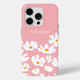 Summer White Cosmos Flowers Custom Name iPhone 15 Pro Case