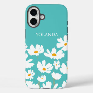 Summer White Cosmos Flowers Custom Name iPhone 16 Plus Case