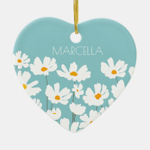 Summer White Cosmos Flowers Custom Name Ceramic Ornament