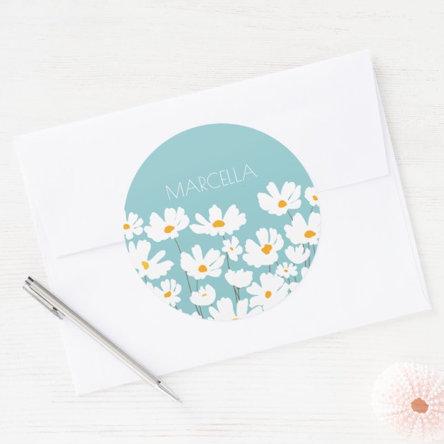 Summer White Cosmos Flowers Custom Name Classic Round Sticker (Envelope)
