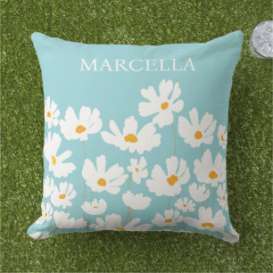 Summer White Cosmos Flowers Custom Name Cushion