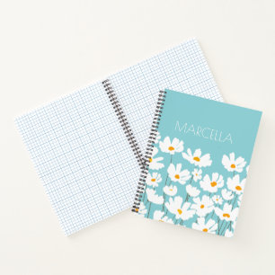 Summer White Cosmos Flowers Custom Name Notebook