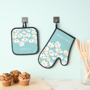 Summer White Cosmos Flowers Custom Name Oven Mitt & Pot Holder Set