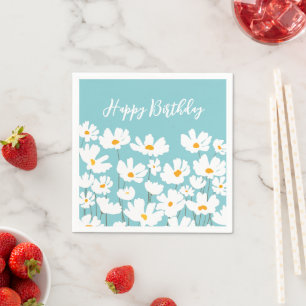 Summer White Cosmos Flowers Happy Birthday Napkin