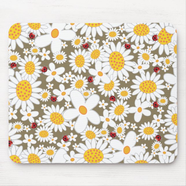 Summer White Daisies and Red Ladybugs On Brown Mouse Pad (Front)