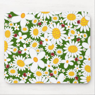 Summer White Daisies and Whimsical Red Ladybugs Mouse Pad