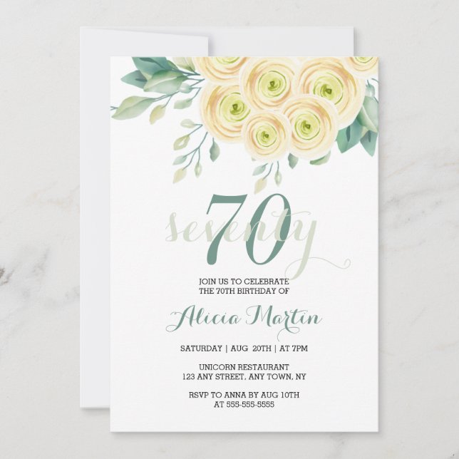 Summer White Rose Flora Greenery 70th Birthday Invitation (Front)