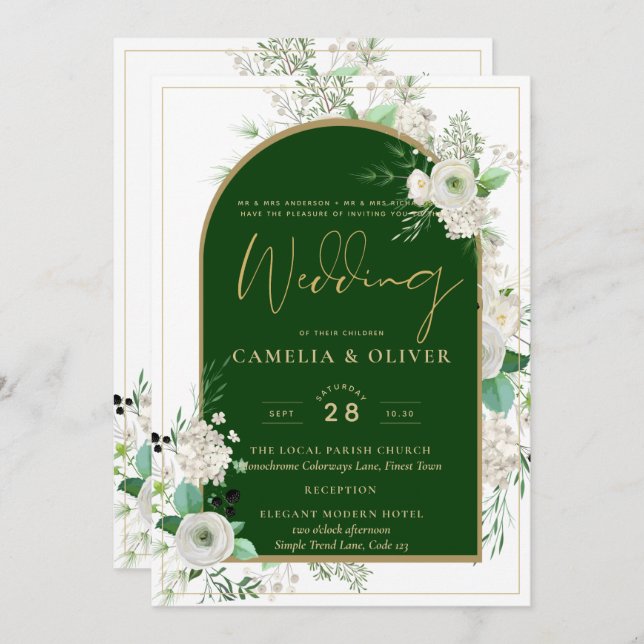 Summer White Roses Emerald Green Arch Wedding Invitation (Front/Back)