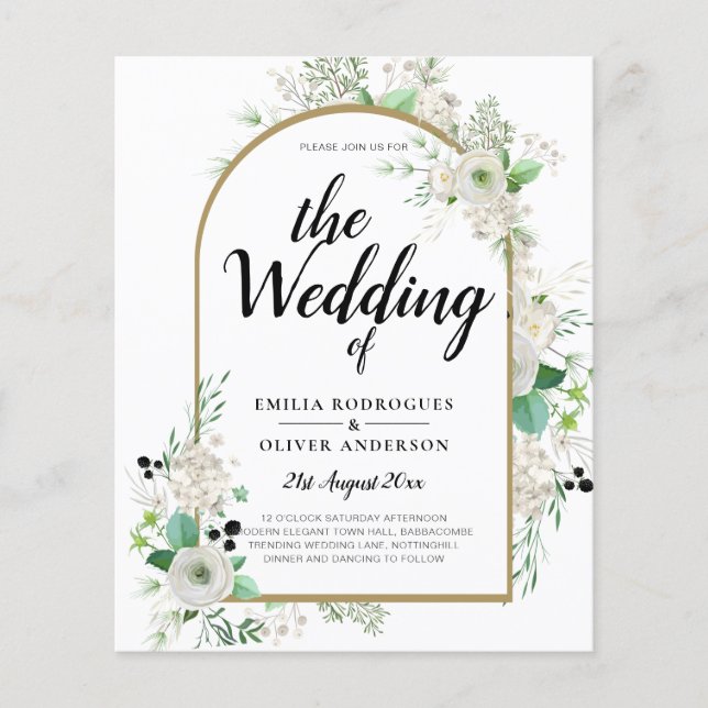 Summer White Roses Emerald Greenery Wedding Flyer (Front)