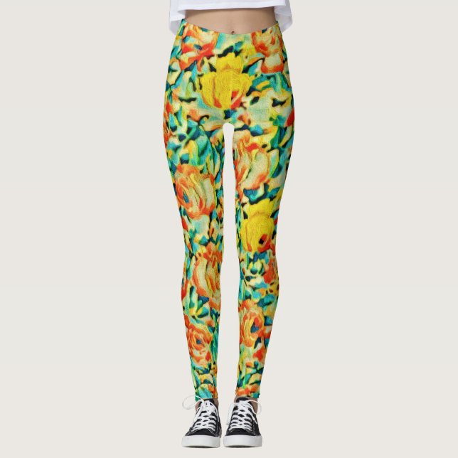 Summer Wild Rose Flower Garden  Leggings (Front)
