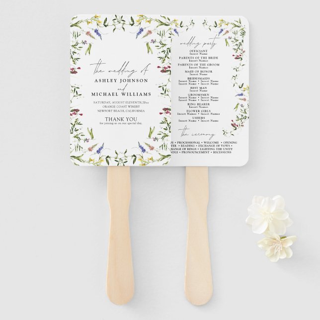 Summer Wildflower Calligraphy Wedding Program Hand Fan (Front and Back)