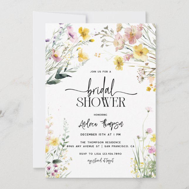 Summer Wildflower |  Elegant Script Bridal Shower Invitation (Front)